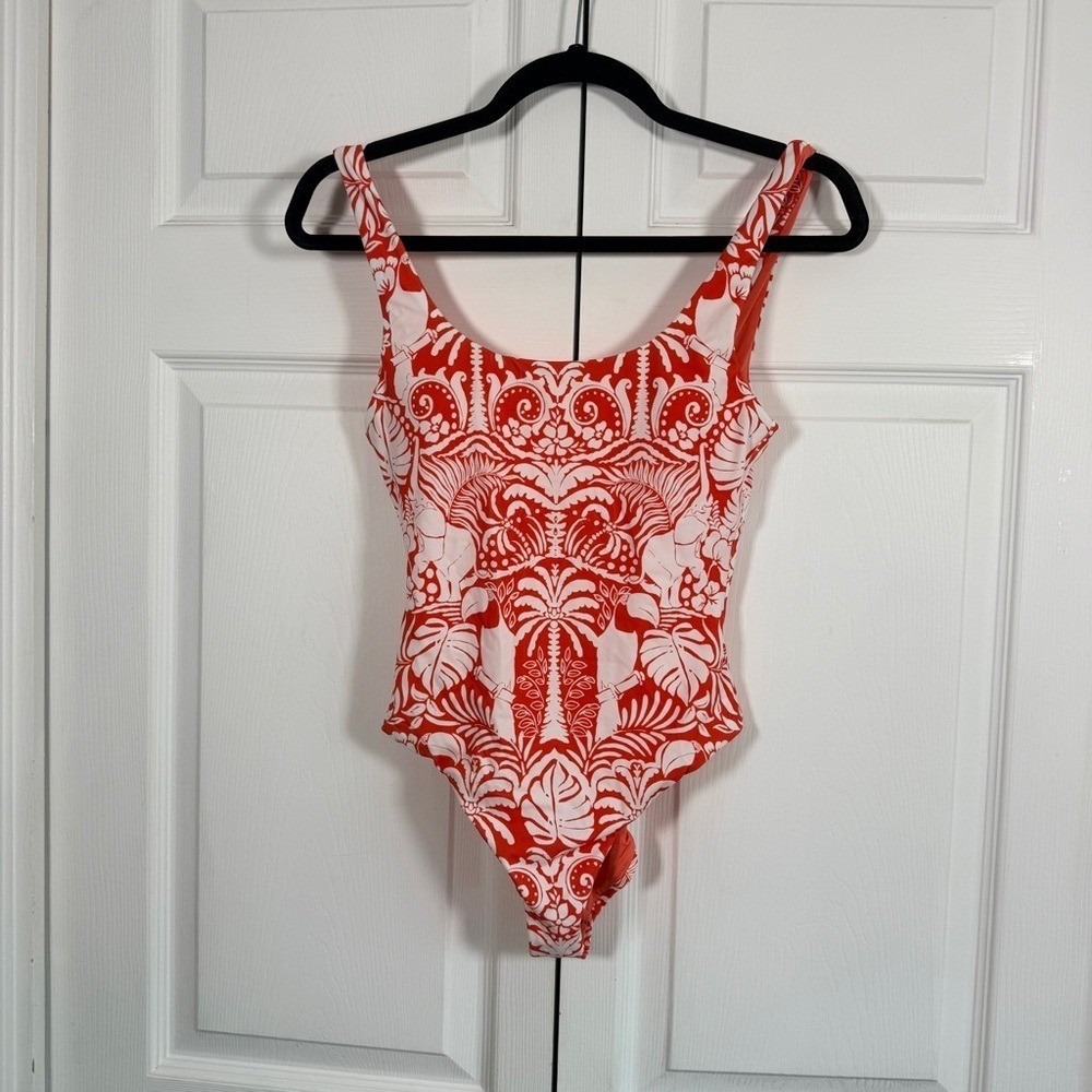 Aqua White Lotus Animal Print One Piece Swimsuit Coral XS